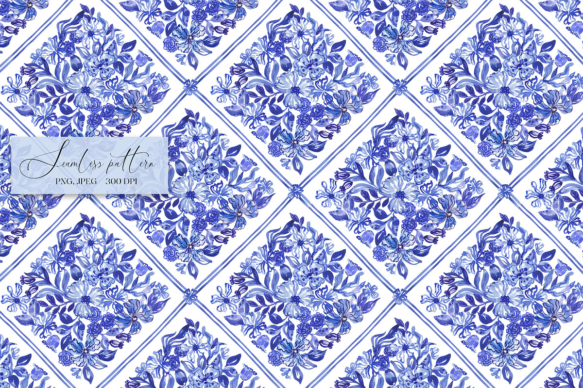 Blue Floral Portugal Mosaic Pattern, a Pattern Graphic by SirenaArt (Photo 4 of 14)