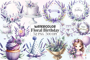 Lavender Floral Birthday Clipart, an Illustration by CraftArtStudio