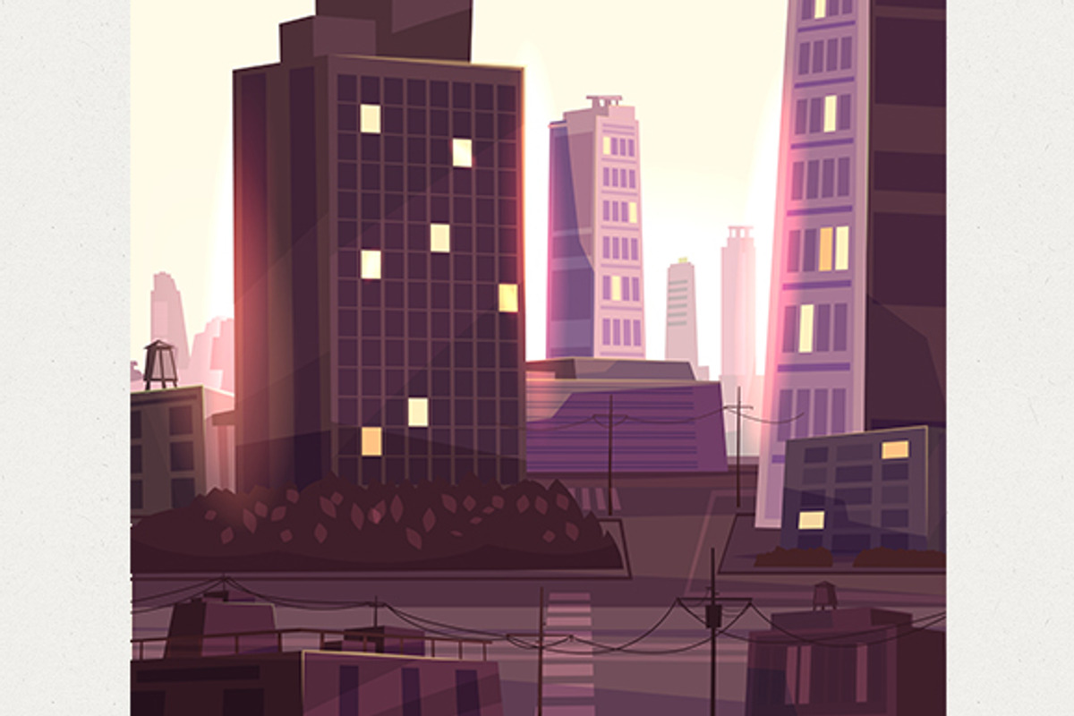 Sunset over cityscape (Vector), a Work Illustration by Krolone