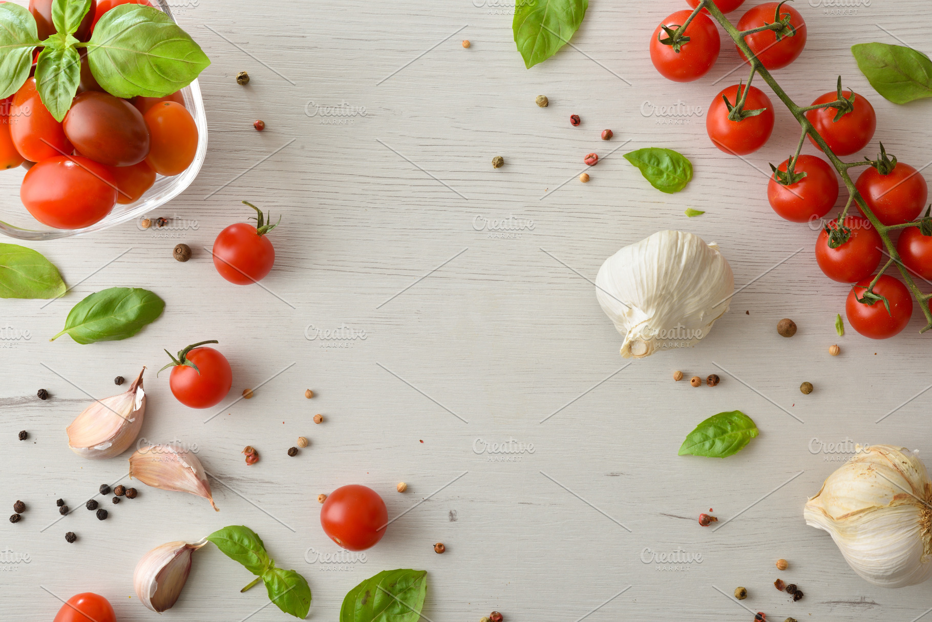 Fresh Mediterranean Ingredients on White Wooden Background, a Food & Drink Photo by Davizro's Market