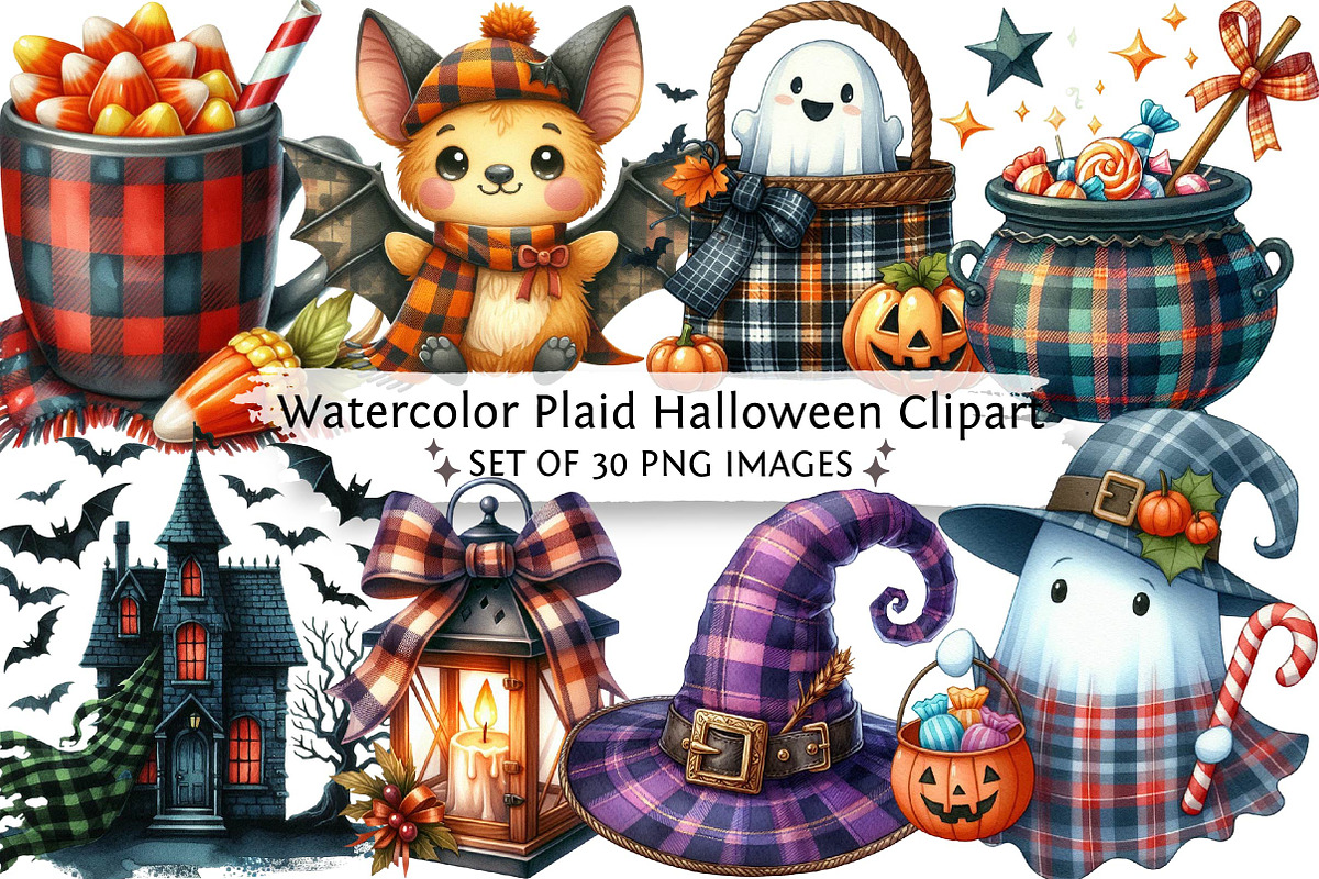 Watercolor Plaid Halloween Clipart, an Illustration by DreamPrint404 (Photo 1 of 6)