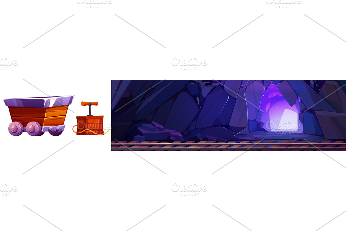 Mine tunnel with cart and detonator, an Illustration by art PVP - market
