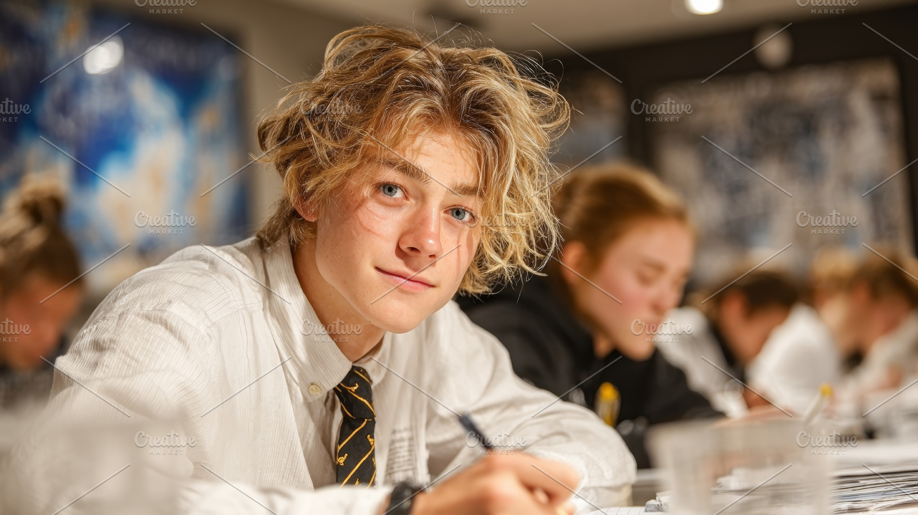 Young student writing notes attentively in classroom during academic session, a Photo by AS photostudio
