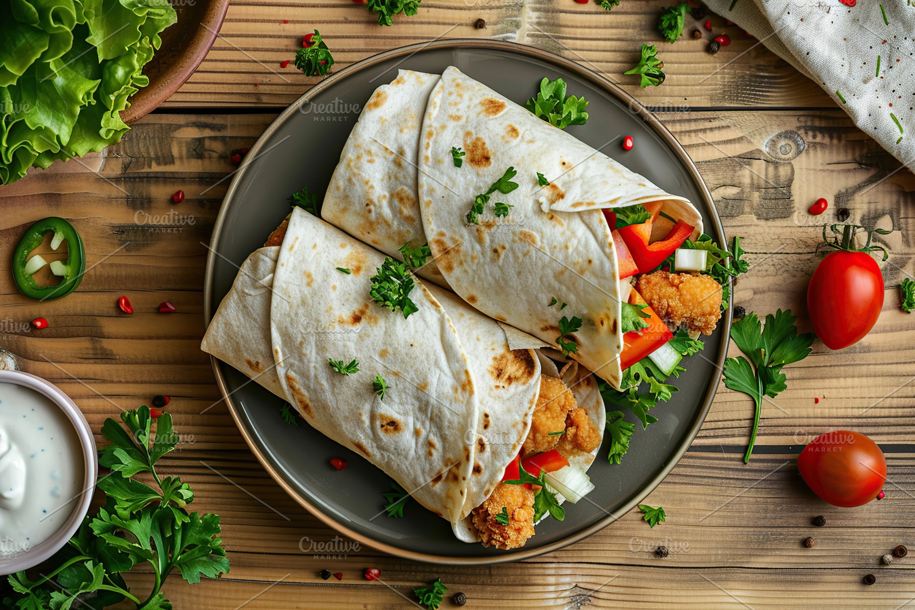 Tortilla wrap with chicken and fresh vegetables in plate on wooden table, a Food & Drink Photo by AlyaAnd