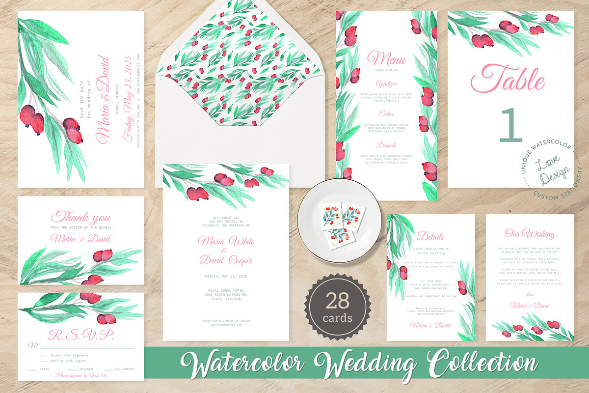 Rosehip Berry Watercolor Wedding Set, an Invitation Template by Love Design (Photo 1 of 12)