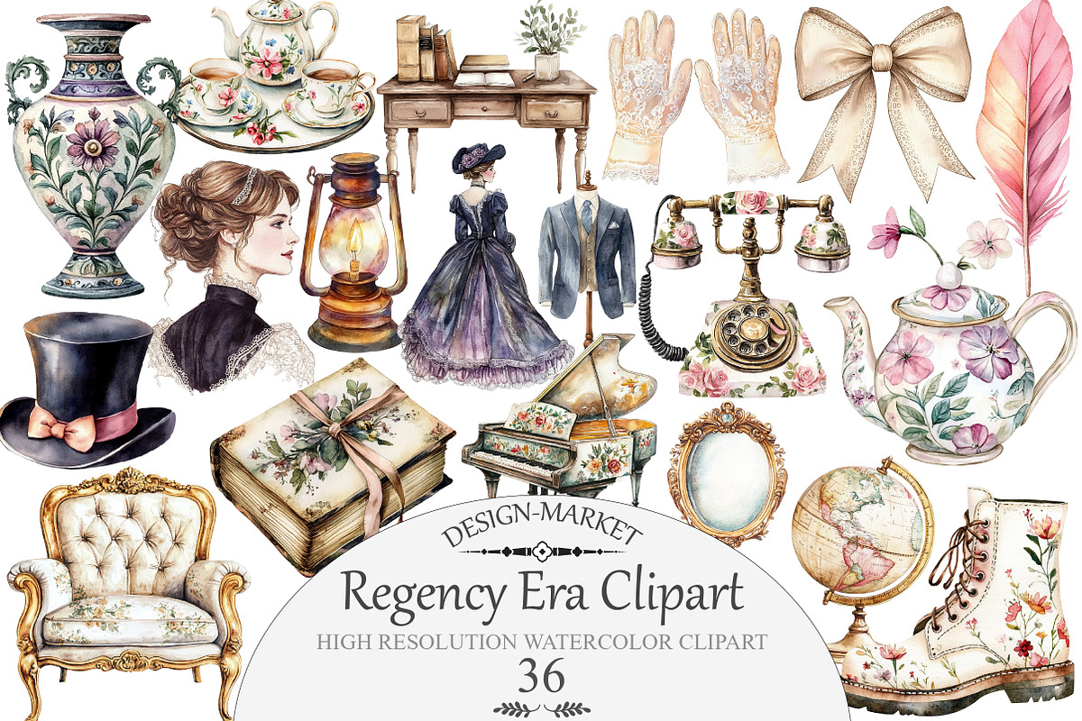 Watercolor Regency Era Clipart, an Illustration by Design Market (Photo 1 of 4)