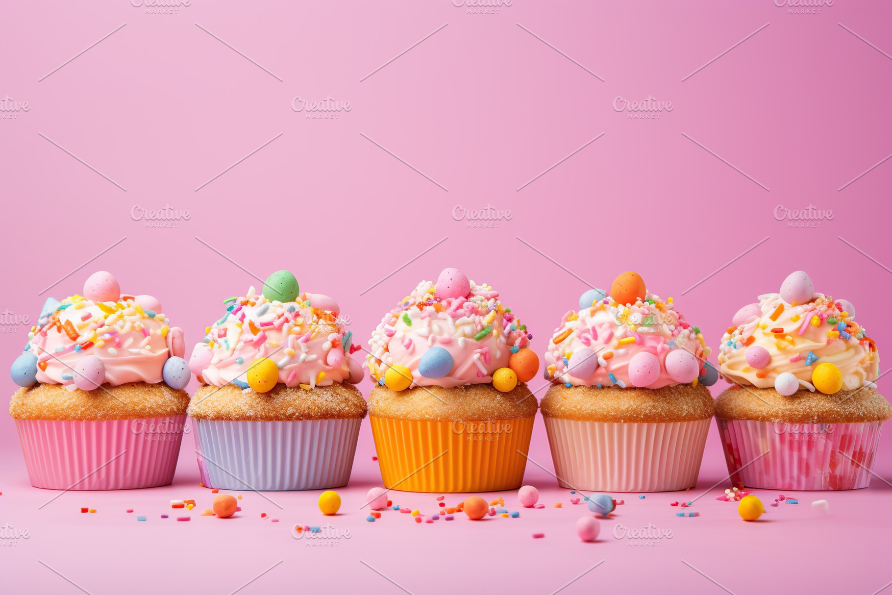 Tasty easter cupcakes on pink background, a Holiday Photo by AlyaAnd