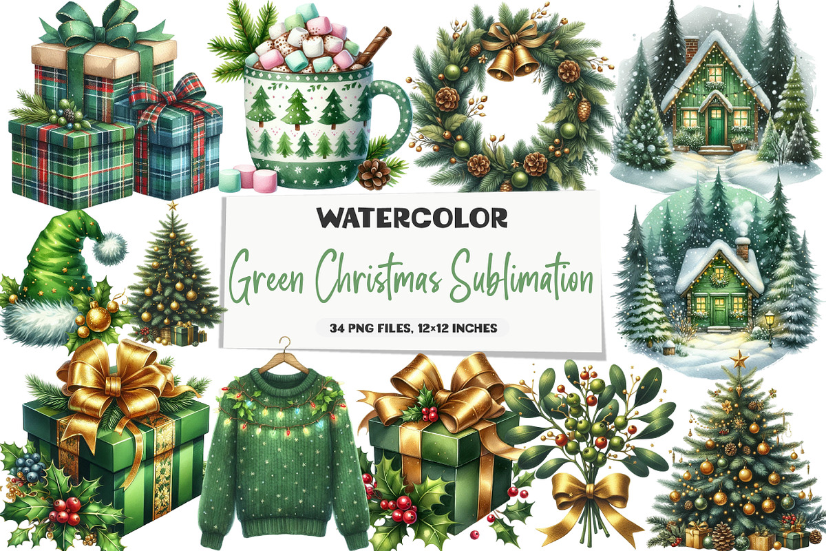 Green Christmas Sublimation Clipart, an Illustration by DreamArtGraphic (Photo 1 of 5)