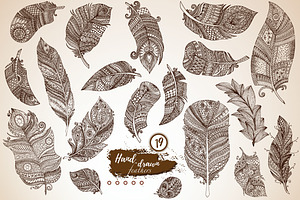Hand drawn boho feathers