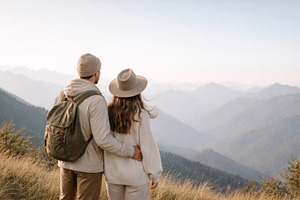 Couple on a mountain overlooking sce, a Photo by Dvoevnore photos