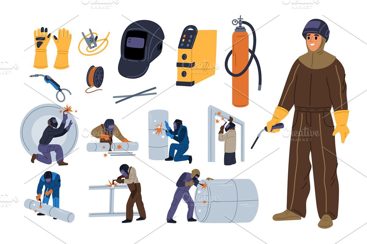 Cartoon welders at work. Men in, an Illustration by Vectorbuum