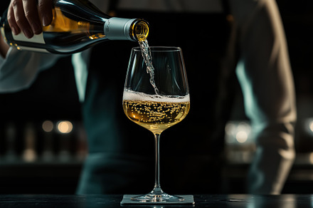 A bartender pours sparkling wine into a glass, creating bubbles. The scene is d, a Person Photo by Textures & Backgrounds