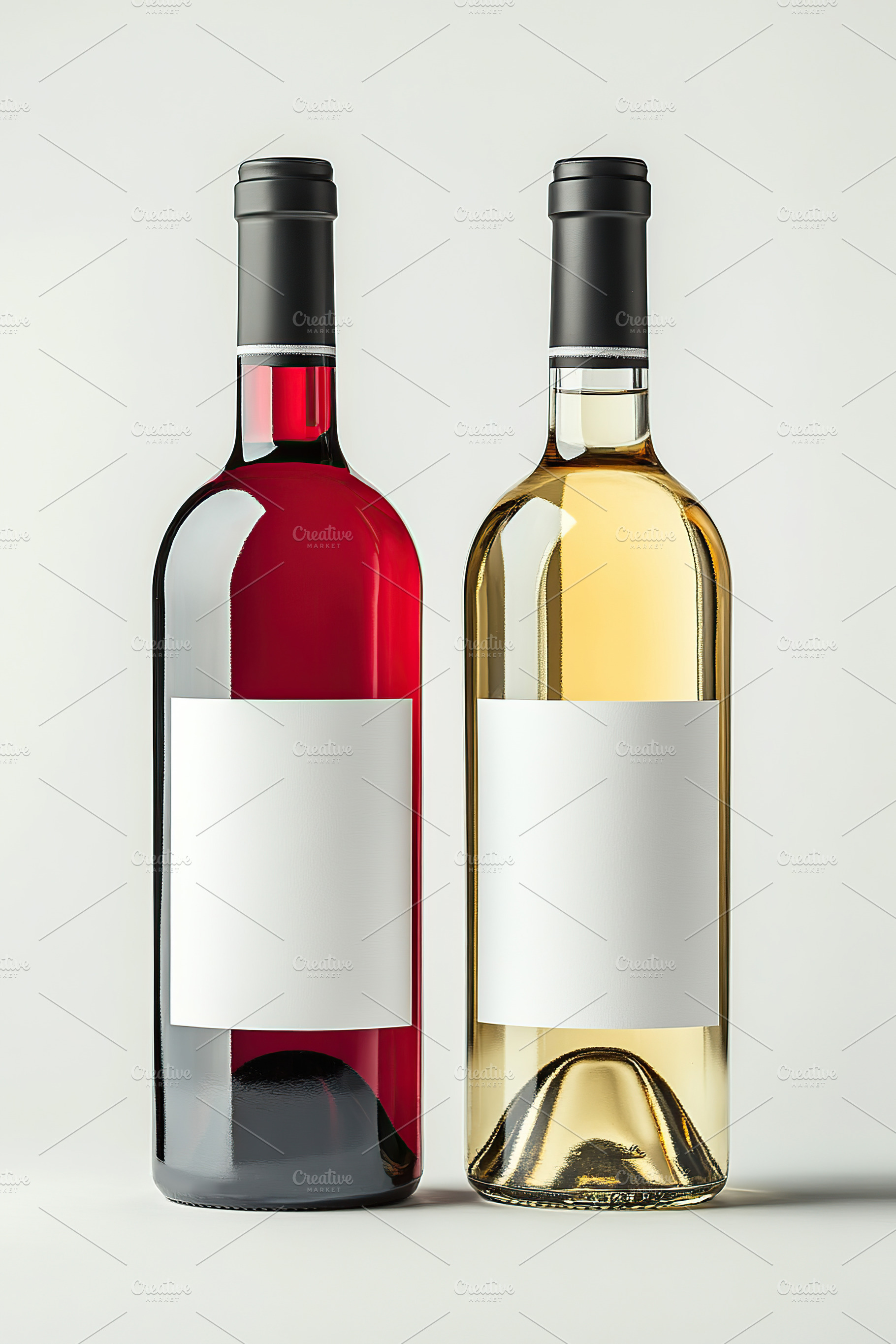 Red and white wine bottles displayed together on a light background, a Food & Drink Photo by AlyaAnd