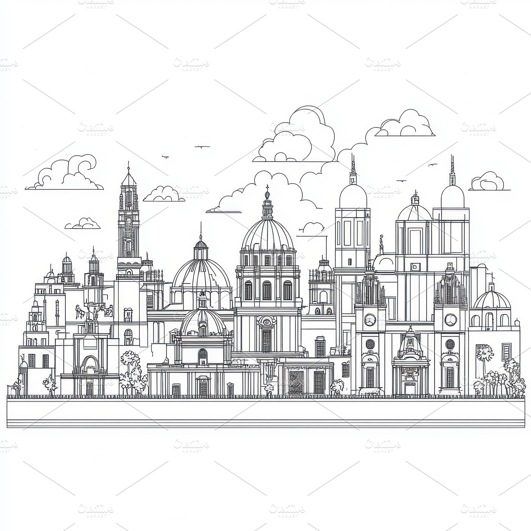 Jaen Cathedral Cityscape Line Art Sk, an Abstract Photo by Pixeness