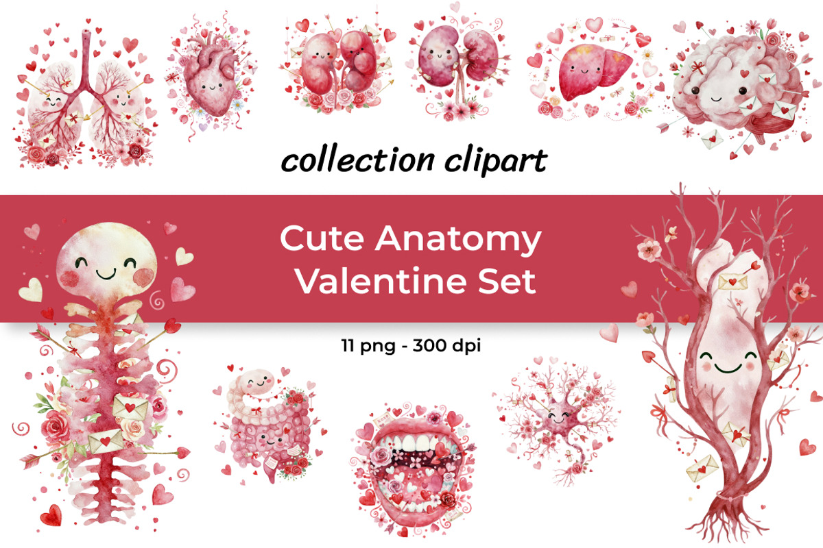 Cute Anatomy Valentine Clipart Set, a Seasonal Illustration by InkyQueenArt (Photo 1 of 6)
