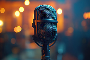 Professional condenser microphone in recording studio, a Photo by AlyaAnd