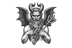 Horned Demon With Trident Engraving