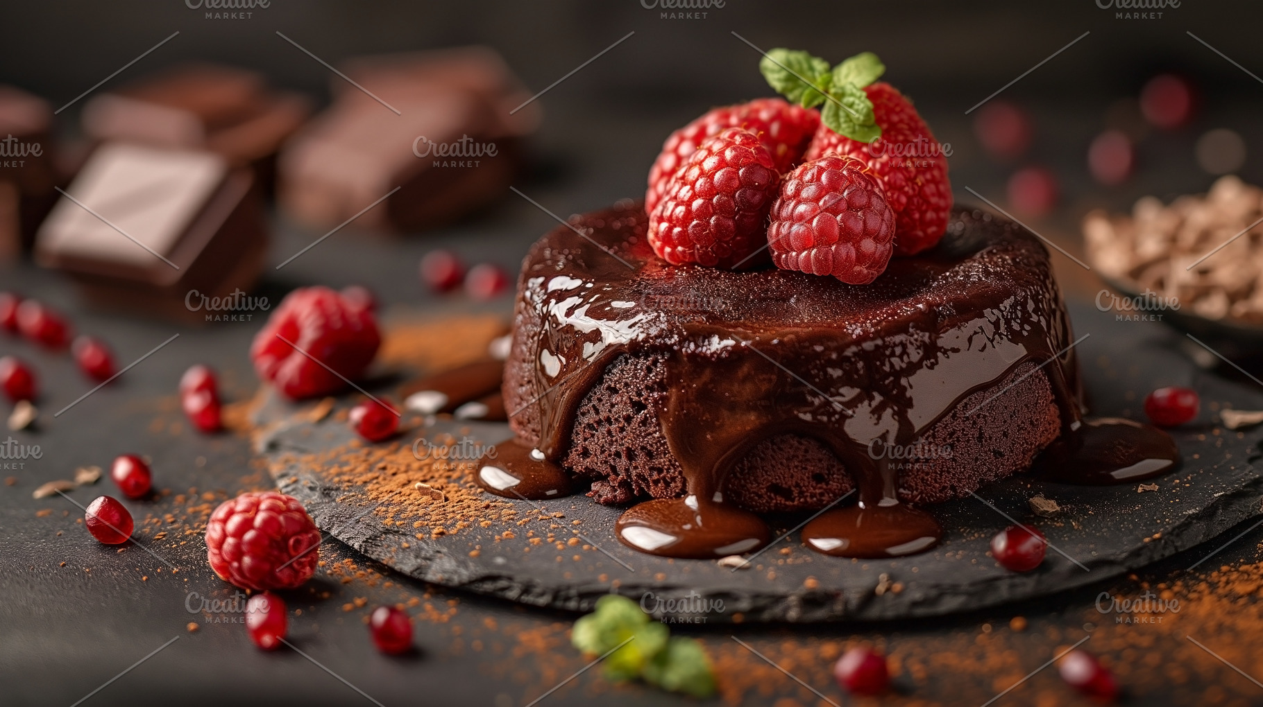 Decadent chocolate dessert topped with fresh raspberries on a da, a Food & Drink Photo by ImageMir