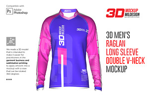 3D Double V-Neck Raglan Jersey LS, a Shirt Mockup by Mildstudio