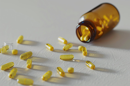 Medicine pills and glass bottle on grey background, a Health & Medical Photo by AlyaAnd