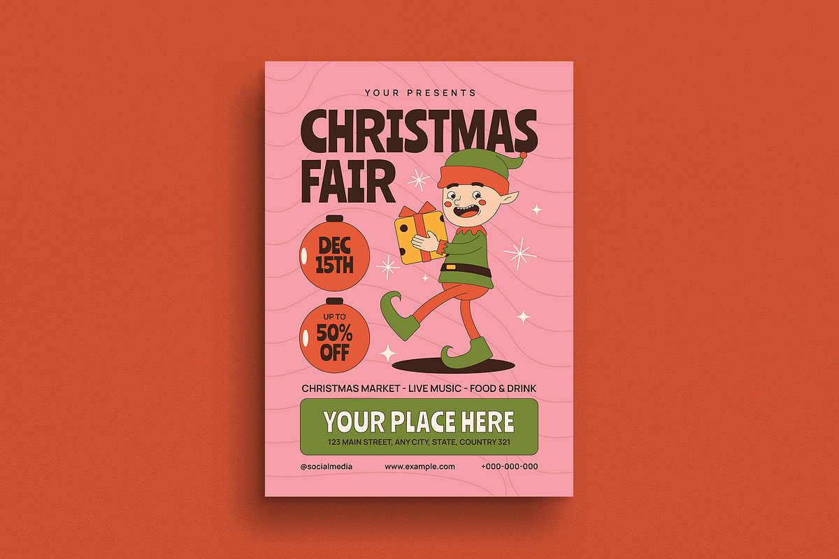 Retro Groovy Christmas Fair Flyer, a Flyer Template by VectorVactory (Photo 2 of 7)