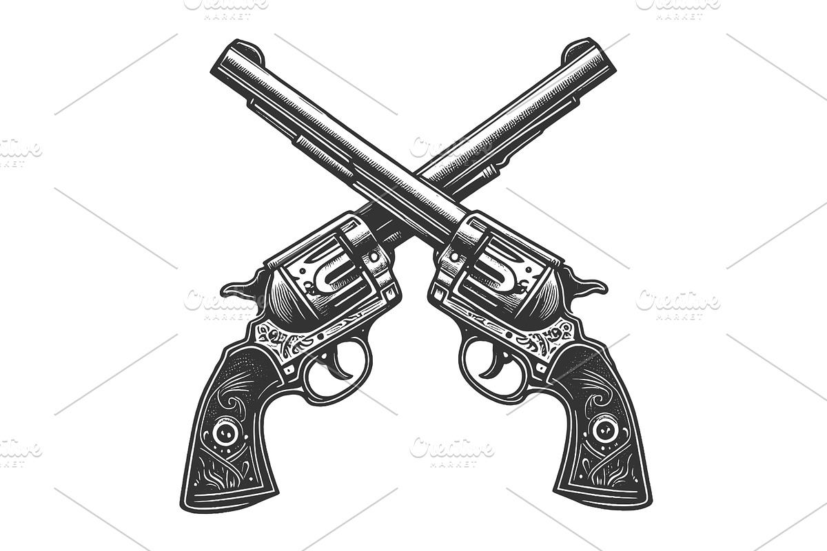 Crossed Vintage Revolvers engraving, an Illustration by AlexArt