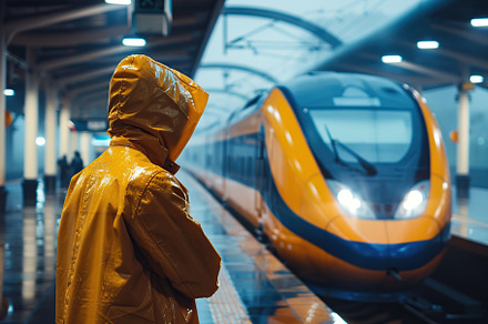 Human in raincoat standing at rail station platform waiting trai, a Transportation Photo by AlyaAnd
