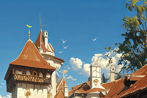 Charming couple walking through serene medieval castle in sunny scenic setting, an Illustration by AS photostudio
