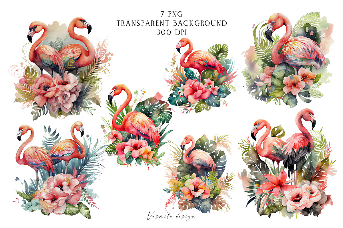 Watercolor Tropical Flamingos, an Animal Illustration by Vasmila (Photo 5 of 9)