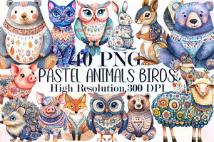 Pastel Folk Animals Birds Clip Art P, an Illustration by Sublimation Artist
