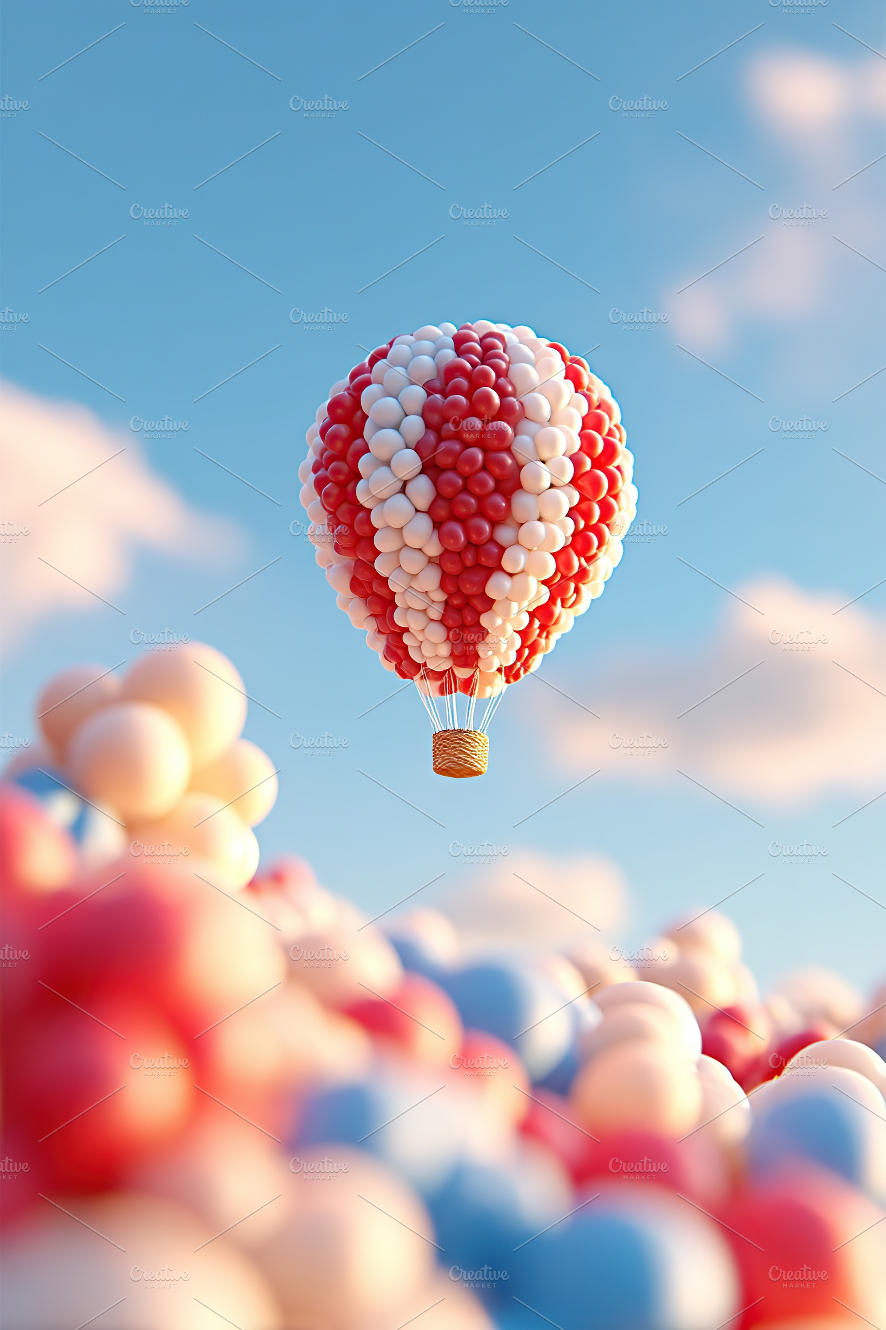 Hot air balloon floats above colorful clouds during bright sunset, a Holiday Photo by AlyaAnd