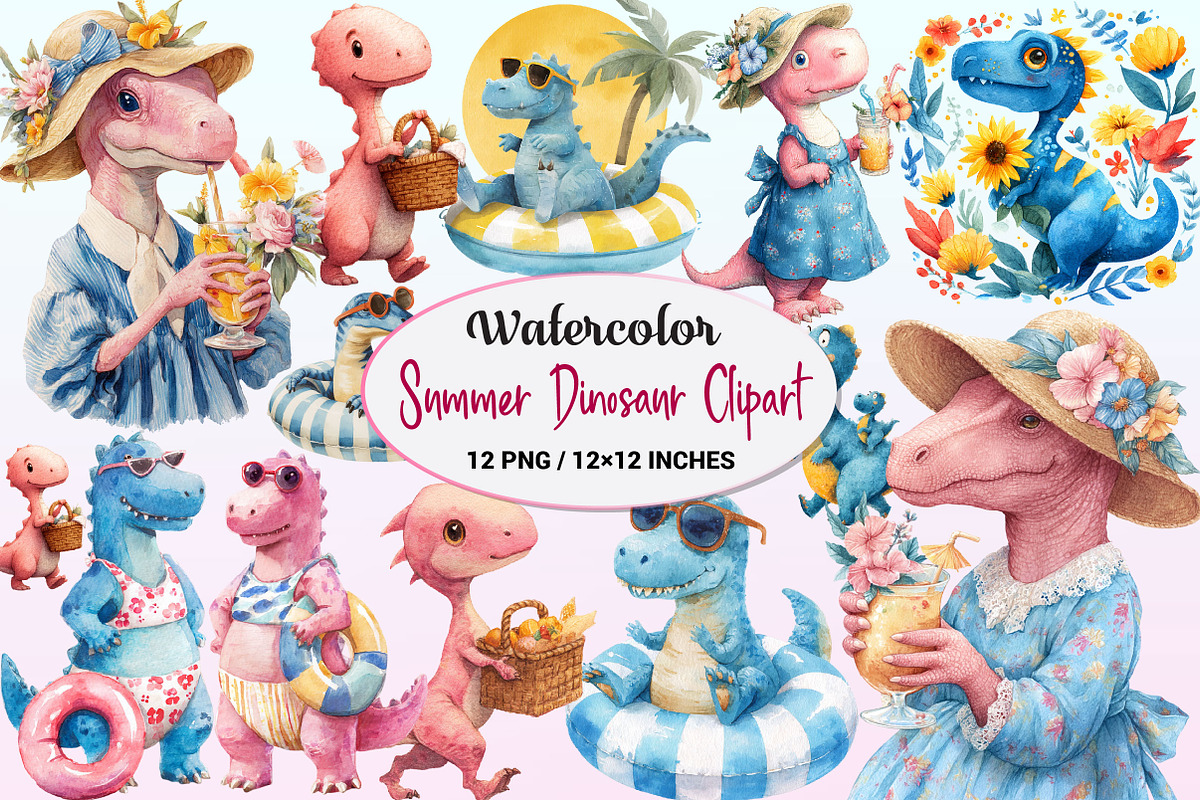 Summer Dinosaur Watercolor Clipart, a Graphic by CitraGraphics (Photo 1 of 4)