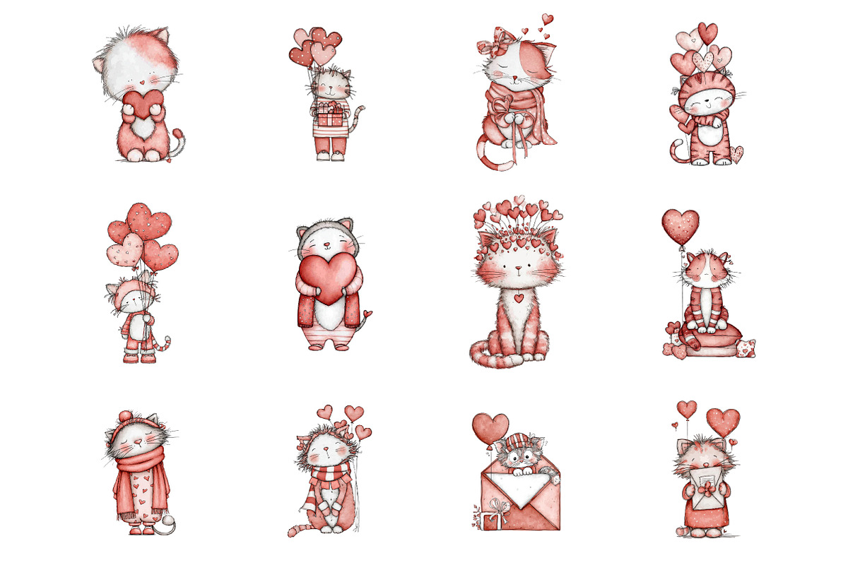 Valentine Cat Clipart., an Illustration by Designking (Photo 3 of 5)