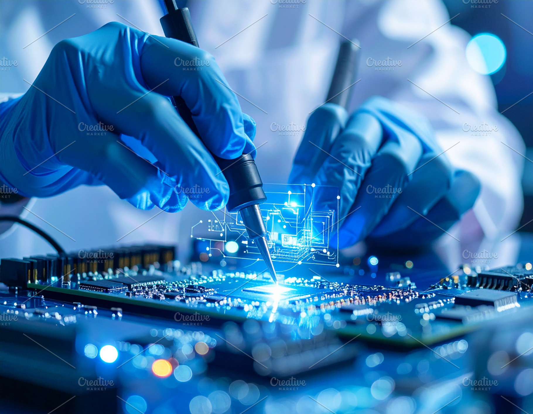 Engineers hands assembling a small circuit board while a hologra, a Technology Photo by DanFLCreativo