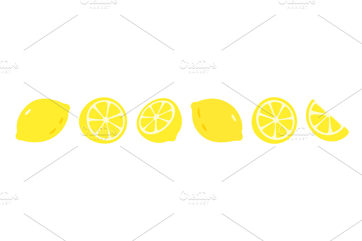 Set of flat yellow lemons and slices, a Food Illustration by GraphiShop