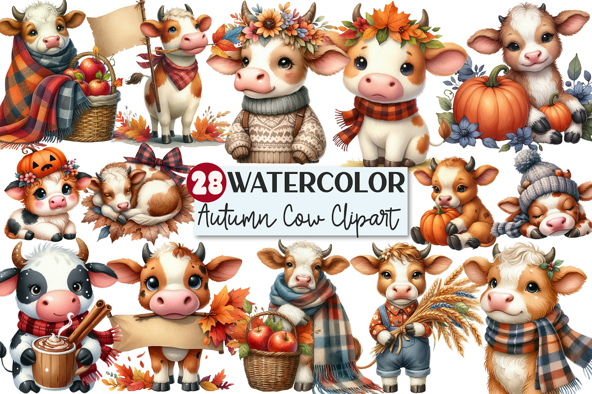 Watercolor Autumn Cow Clipart, an Illustration by Rose Art (Photo 1 of 7)