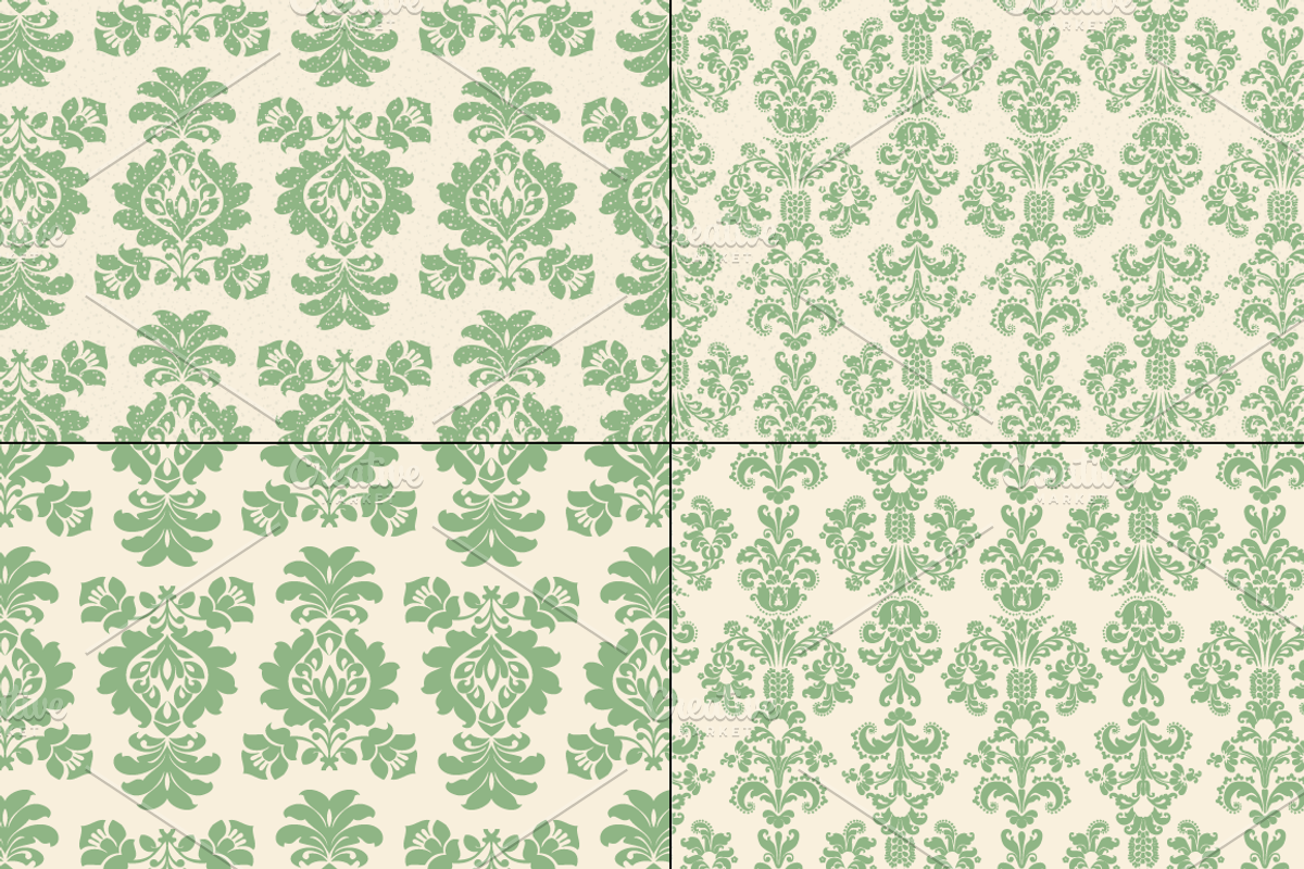 Seamless Green Damask Patterns preview 8