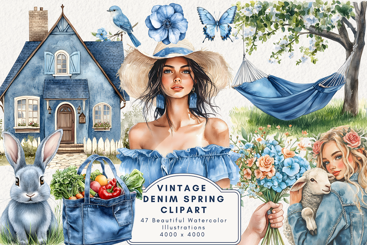 Vintage Denim Spring Clipart, an Illustration by NadiaTheronArt (Photo 1 of 4)