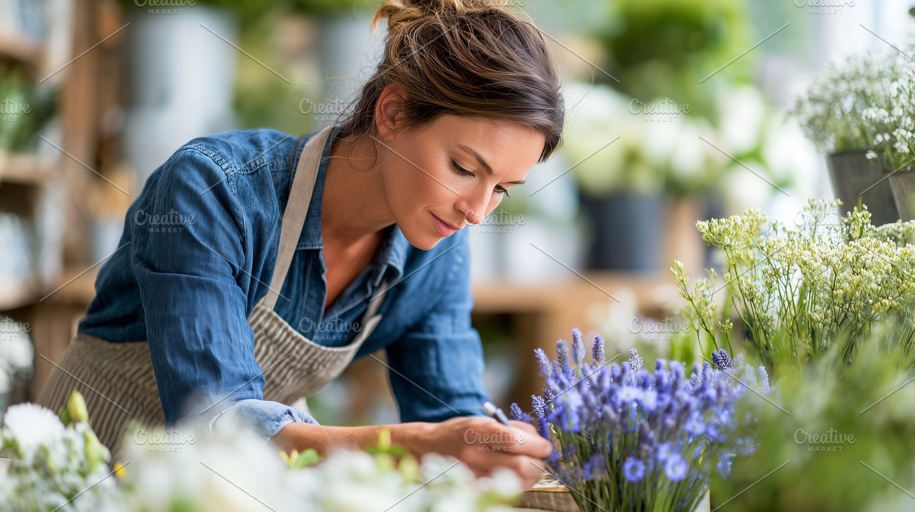 Young female florist arranging fresh, a Photo by MistyDay