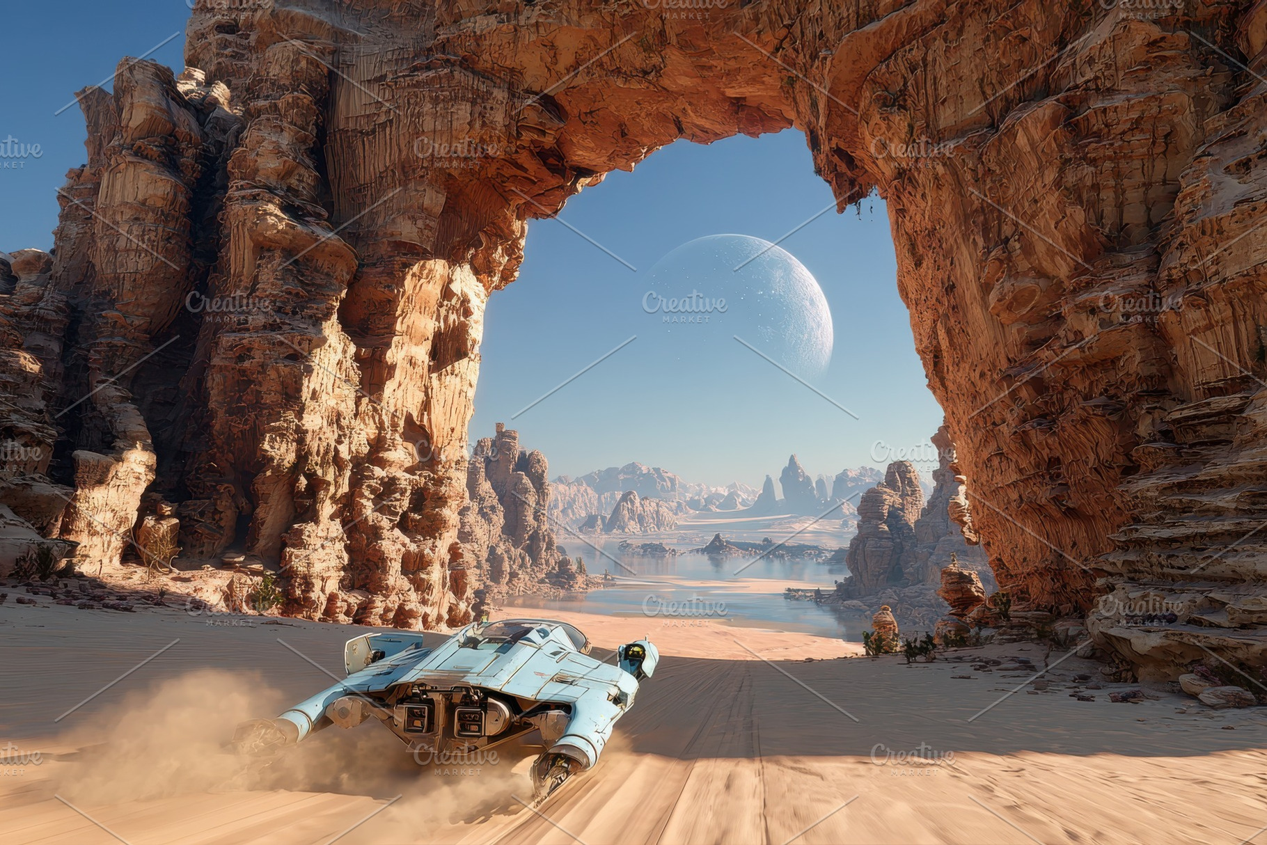 Spaceship speeding through alien des, a Photo by Pixeness Studio