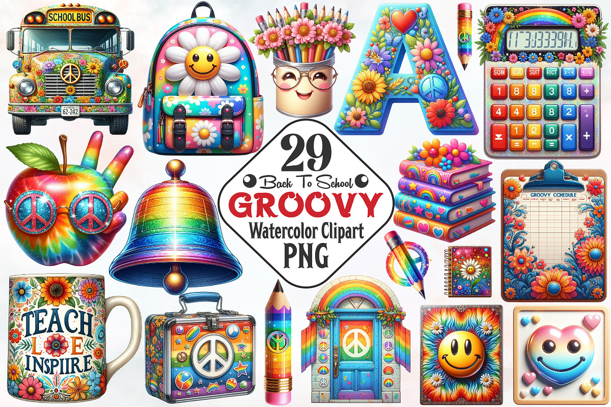 Groovy School Clipart Bundle, Retro, an Illustration by RobertsArt (Photo 1 of 7)