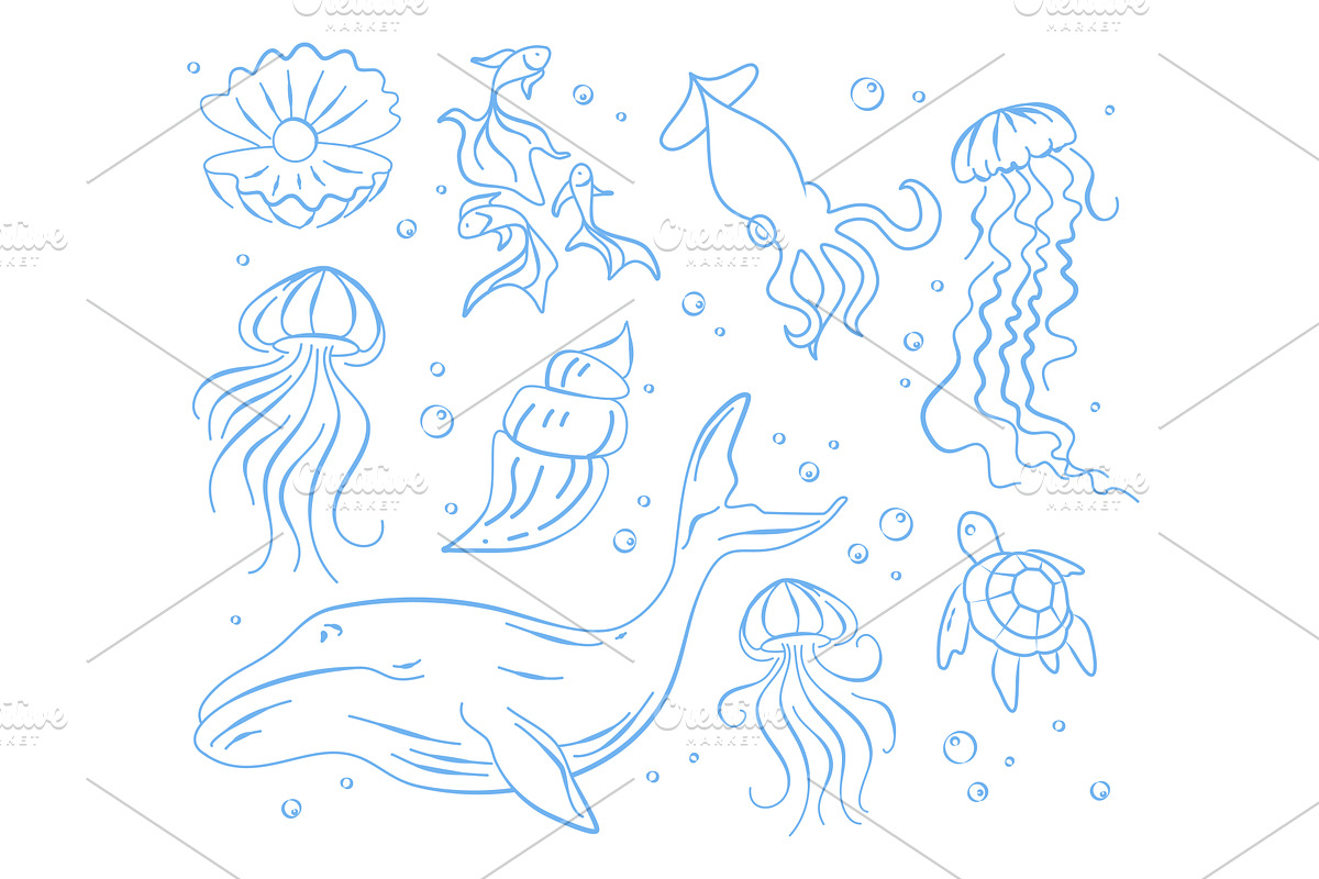 Doodle set of marine animals, an Animal Illustration by art PVP - market