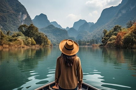 Tourist woman sitting on a boat in the river and enjoying nature, a Person Photo by AS photostudio