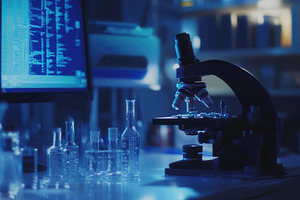Scientist working in a medical lab, a Photo by Pavel_design