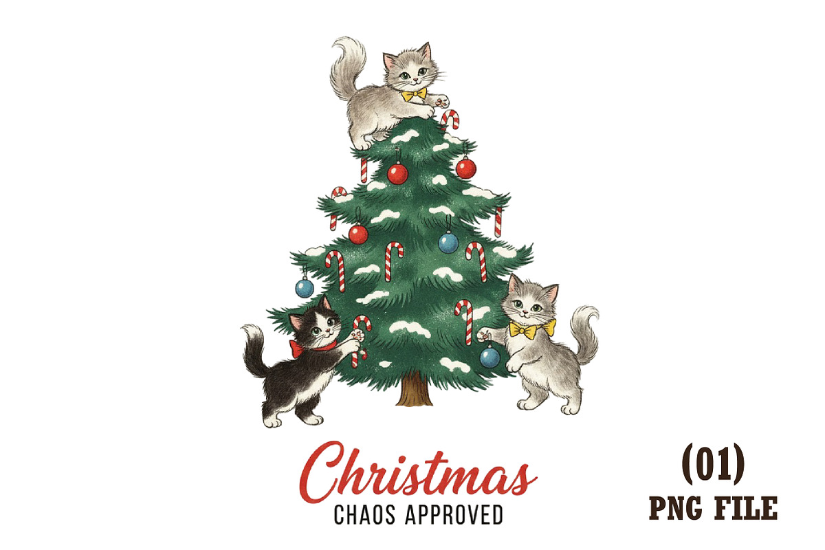 Christmas Tree Vintage Cat PNG, an Illustration by DreamArtGraphic (Photo 1 of 6)
