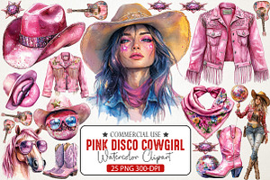 Pink Disco Cowgirl Watercolor Clipar, an Illustration by RobertsArt