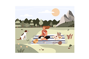 Woman with dog on picnic in mountain, an Illustration by vectorpointstudio