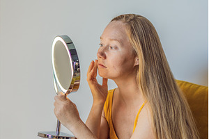 Woman looking at herself in the, a Health & Medical Photo by Elizaveta Galitskaya