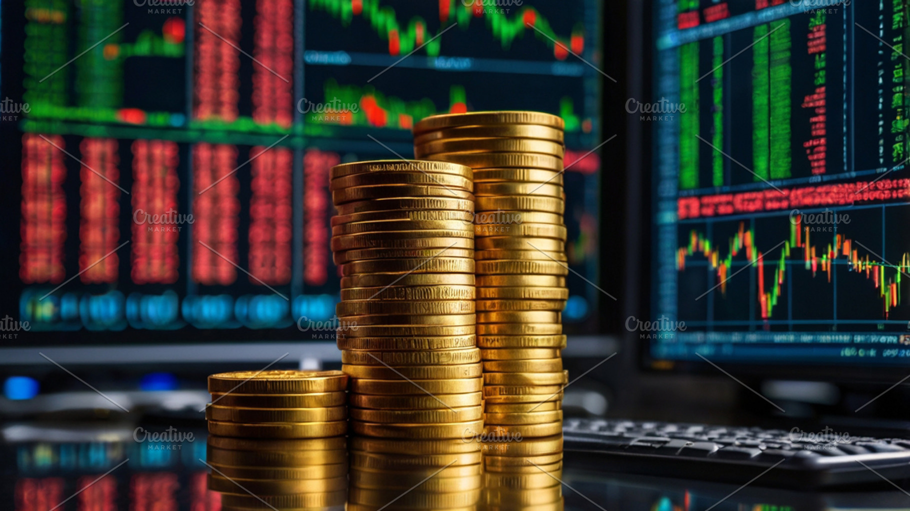 Gold coins and stock trading screens, a Business Photo by Image for Sale