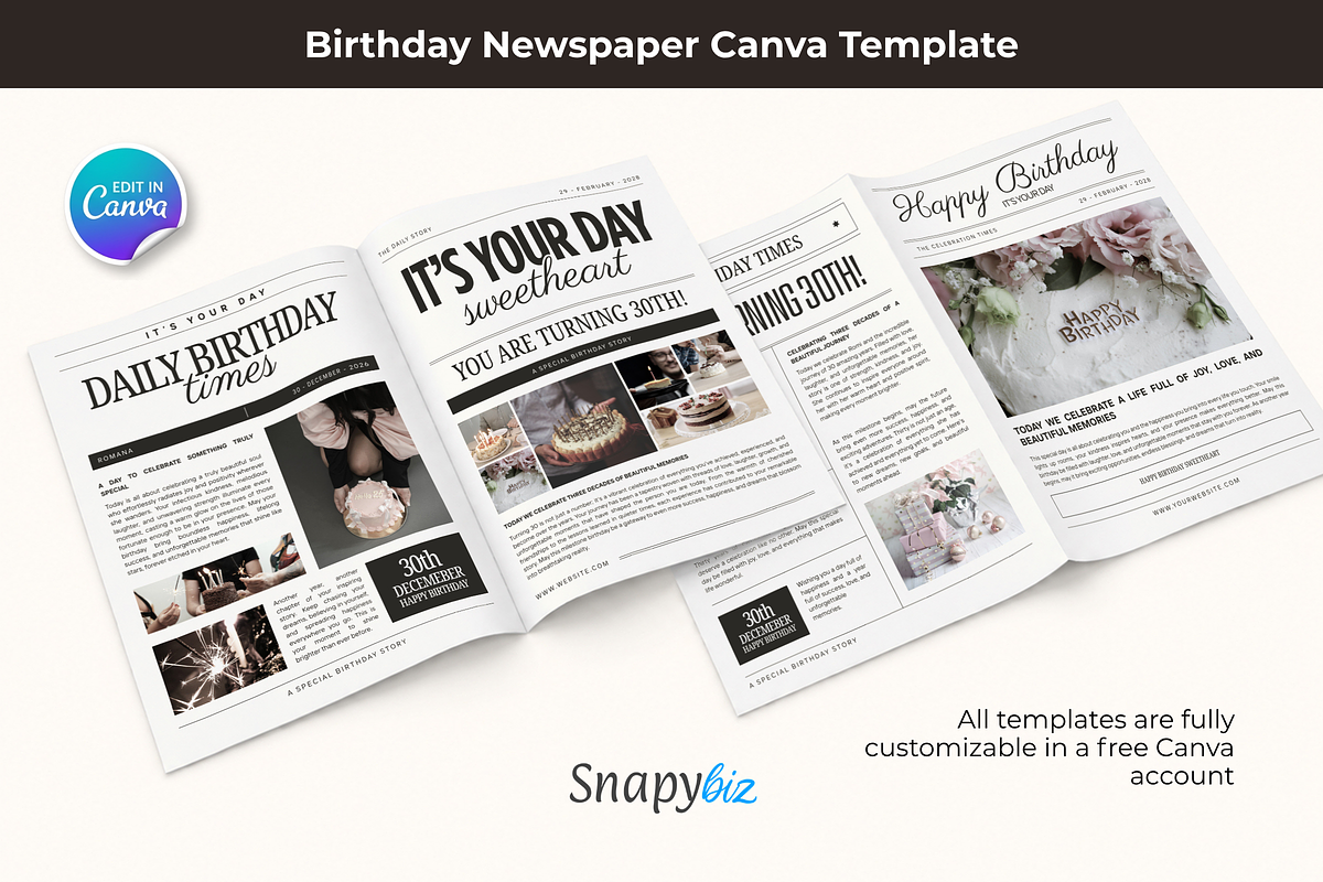 Birthday Newspaper Canva Template, a Magazine Template by Snapybiz (Photo 8 of 10)